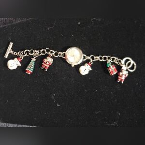 Silver Holiday Charm Bracelet Watch with Santa & Snowman Charms